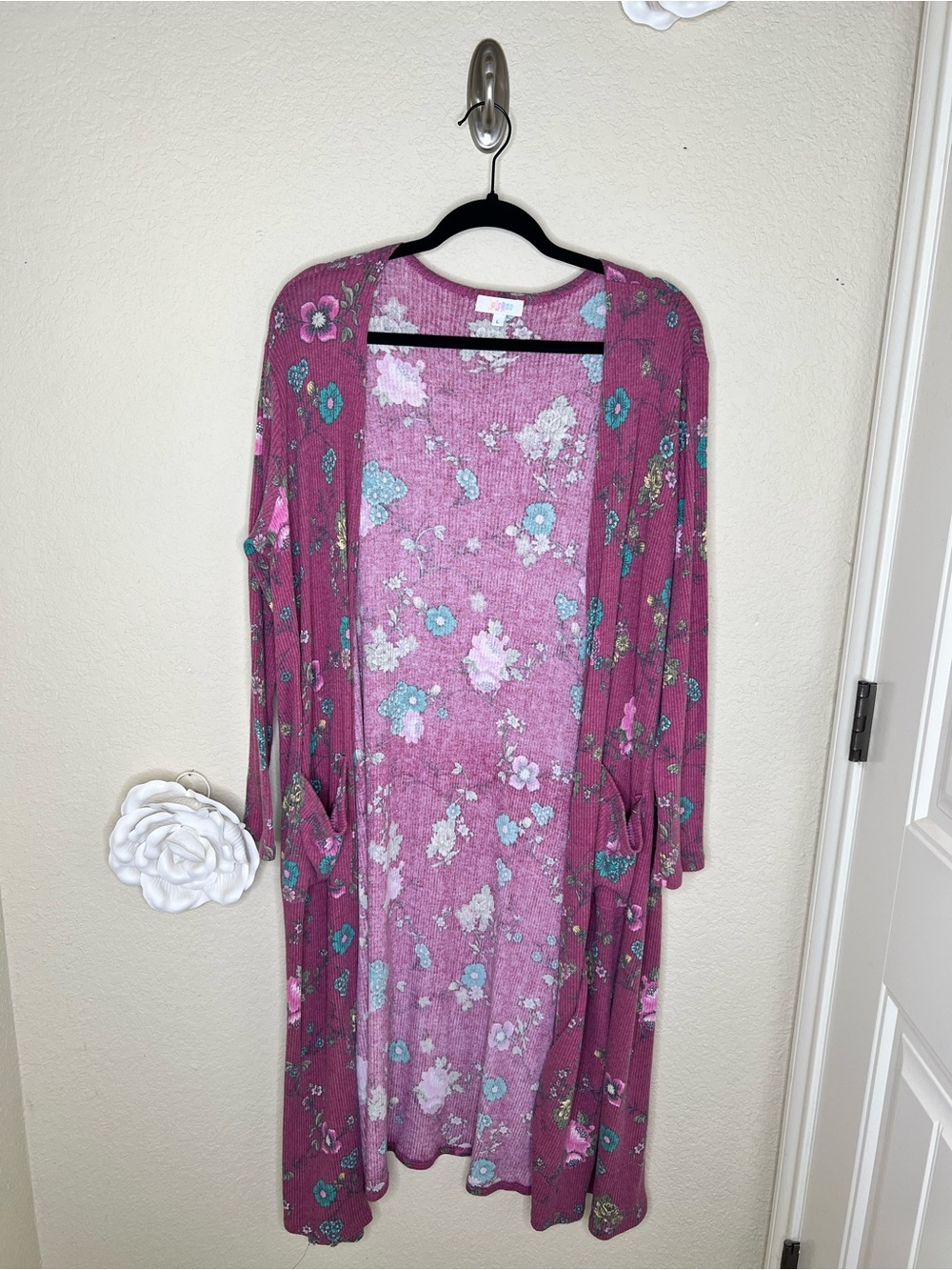 NTM: LuLaRoe Sarah Floral Duster Cardigan Large Pink Ribbed Open Front Pocketed - Picture 2 of 13